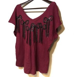 Lane Bryant Red Black Ribbon Bow V Neck Top
